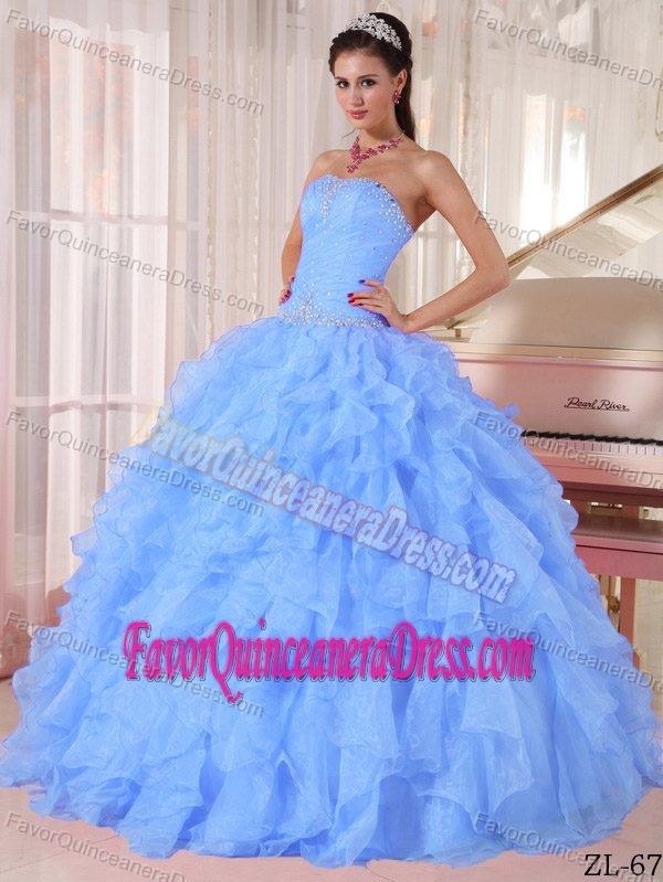 New Arrival Strapless Blue Dresses for Quinceaneras with Ruffles in Organza