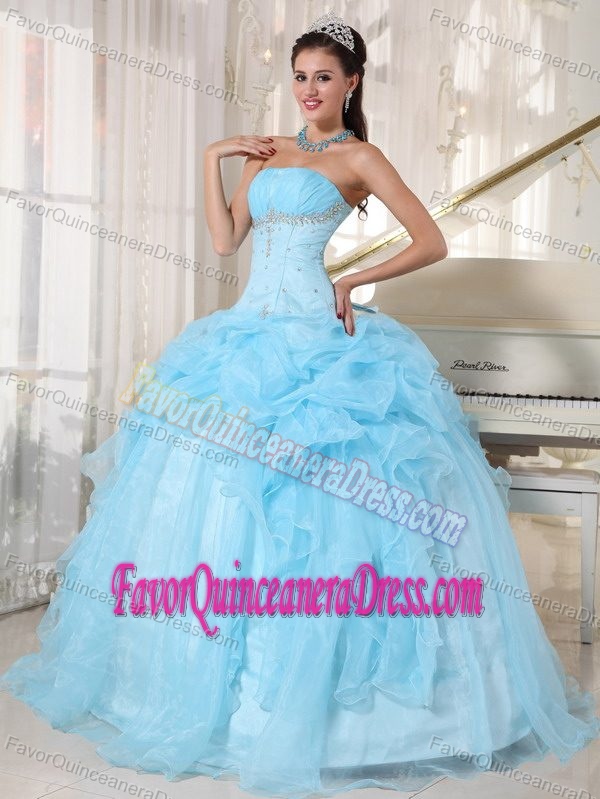 Popular Baby Blue Organza Beaded Quinceanera Gown Dresses with Ruffles