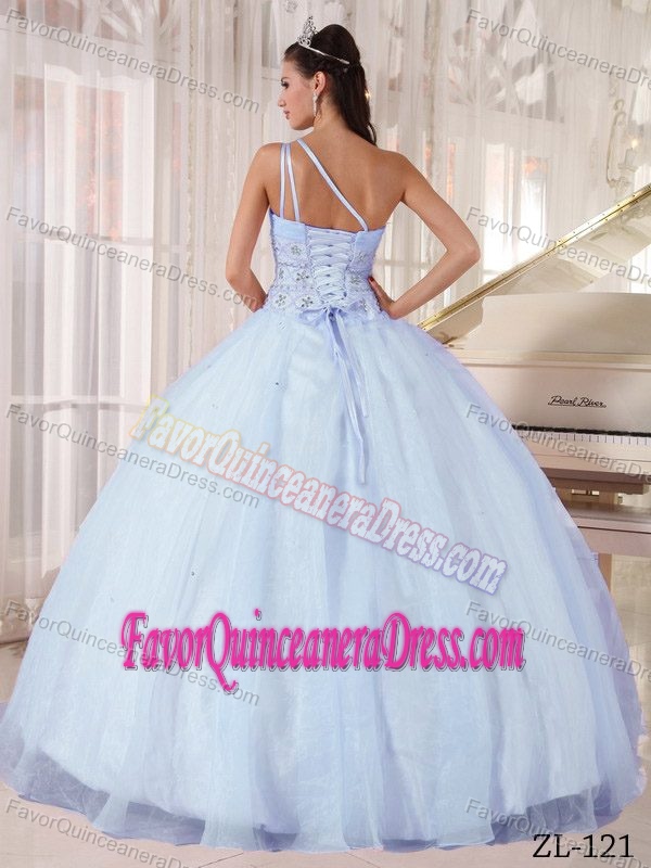 Elegant One Shoulder Light Blue Beaded Dress for Quinceaneras in Organza