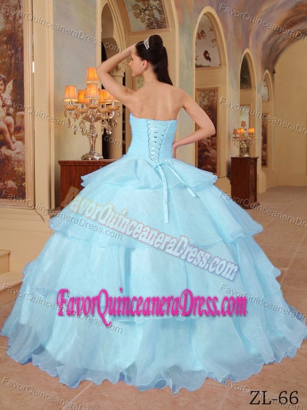 Pretty Sweetheart Light Blue Organza Quince Dress with Flowers and Layers