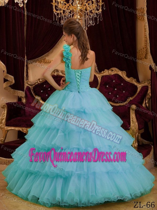 Blue A-line One Shoulder Floor-length Sweet Sixteen Quince Dresses with Ruffles