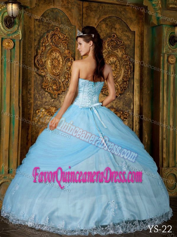 Strapless Sweet Sixteen Quinceanera Dresses with Appliques in Baby Blue