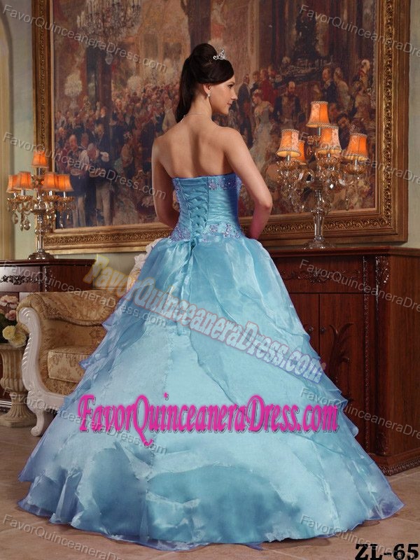 Aqua Blue Ruched Organza Quinceanera Dress with Appliques and Handmade Flower