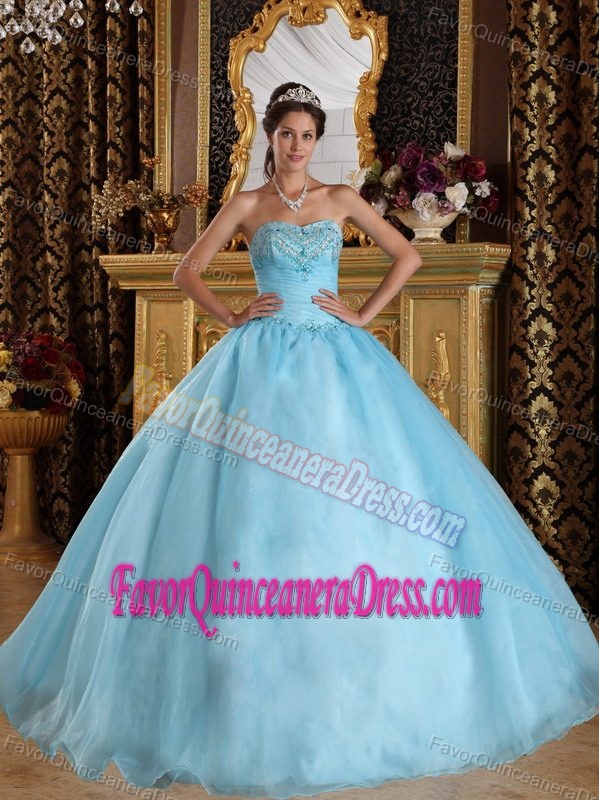 Graceful Aqua Blue Ball Gown Quinces Dresses with Embroidery in Organza