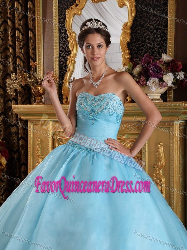 Graceful Aqua Blue Ball Gown Quinces Dresses with Embroidery in Organza