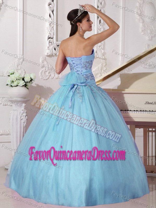 Cheap Floor-length Quinces Dresses in Tulle and Taffeta in Aqua Blue Color