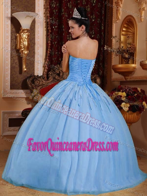 Light Blue Sweetheart Quinceanera Dress with Beadings and Ruches on Sale