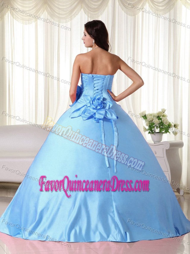 Light Blue Taffeta Quinceanera Gown with Embroidery and Handmade Flower