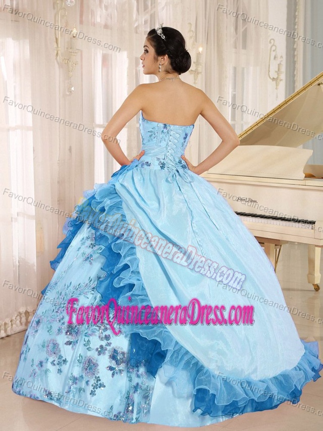 Colorful Ruffled Fall Dress for Quince with Appliques and Hand Made Flowers