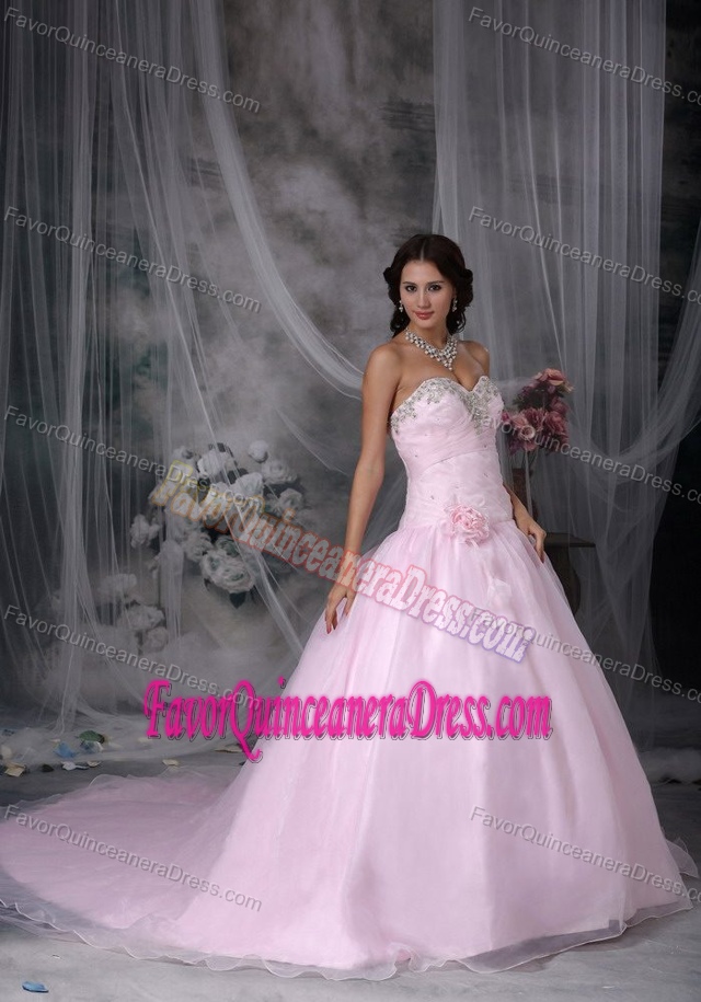 Stylish Special Fabric Pink Sweetheart Quince Dress with Chapel Train