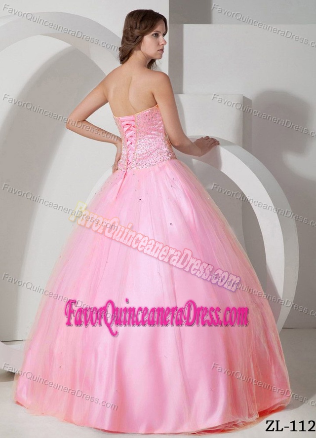 Beaded Pink Sweetheart Floor-length Chic Quinceanera Dress in Tulle