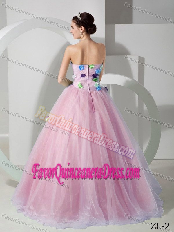Cute Strapless Floor-length Organza Pink Quince Dress with Flowers