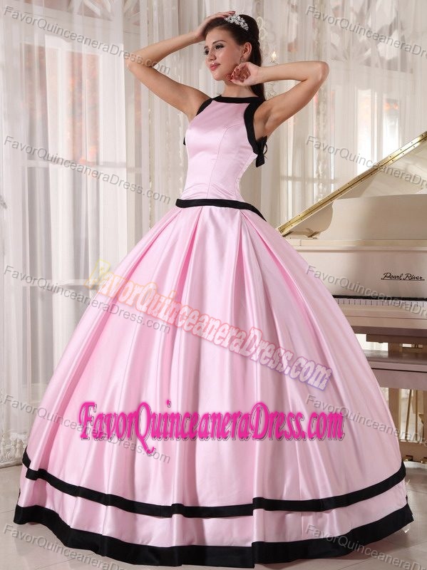 Unique Baby Pink and Black Bateau Dress for Quinceanera in Taffeta