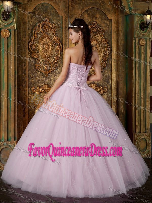 Baby Pink Strapless Floor-length Tulle Quince Dresses with Appliques