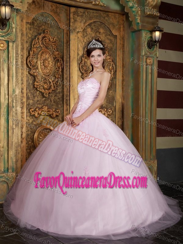 Appliqued Baby Pink Sweetheart Floor-length Sweet 15 Dress in Tulle