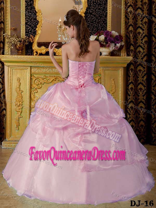 Strapless Organza Light Pink Beaded Dresses for Quinceanera with Ruffles