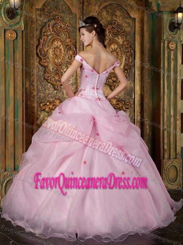 Pink Off The Shoulder Organza Dresses for Quinceaneras with Flowers on Sale