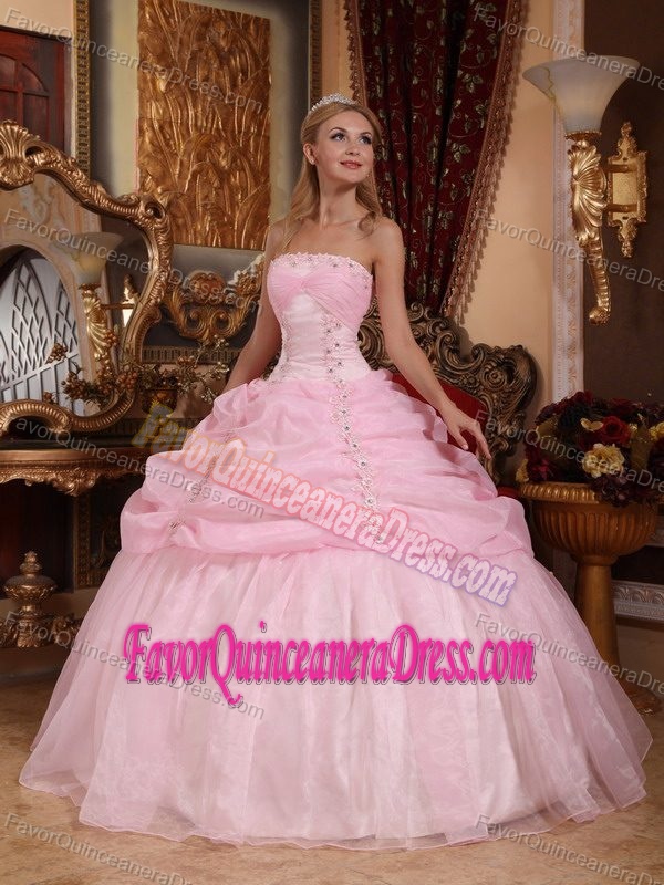 Strapless Organza Baby Pink Dresses for Quinceanera with Appliques for Cheap