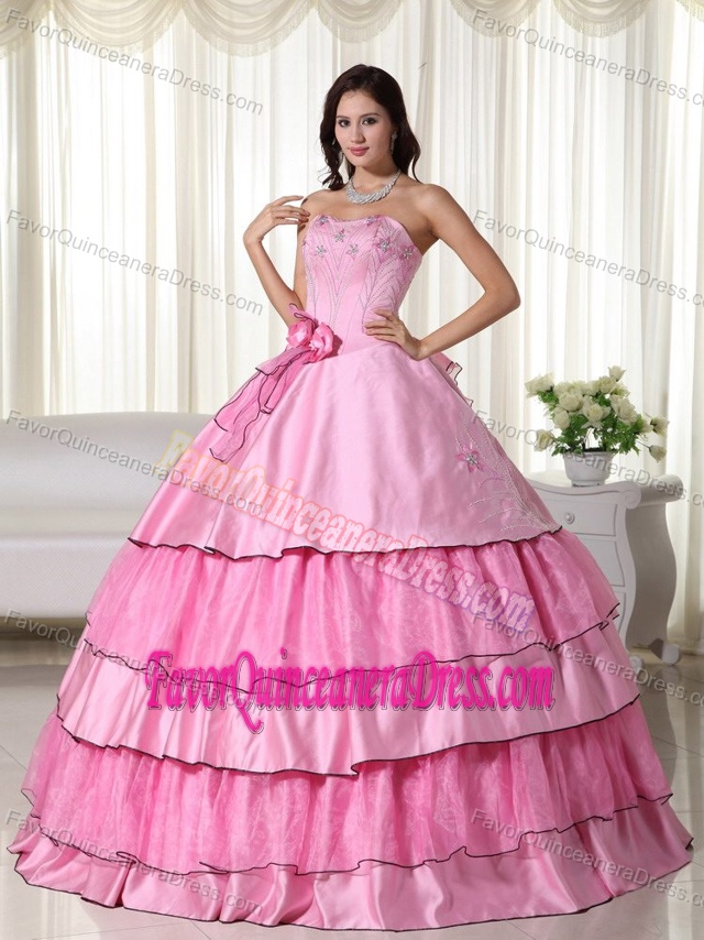 Discount Rose Pink Strapless Sweet Sixteen Dresses with Ruffled Layers on Sale