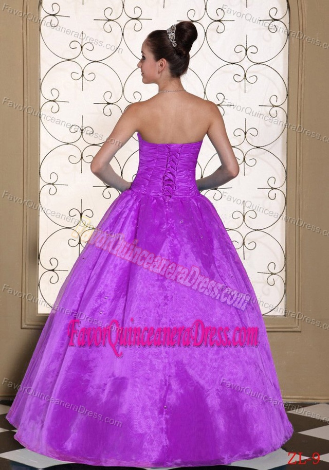 Strapless Floor-length Ball Gown Purple Organza Beaded Quinceanera Party Dress