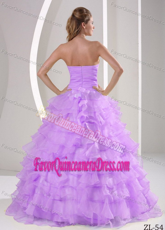 Lavender Sweetheart Ball Gown Organza Ruffled Dress for Quince with Appliques