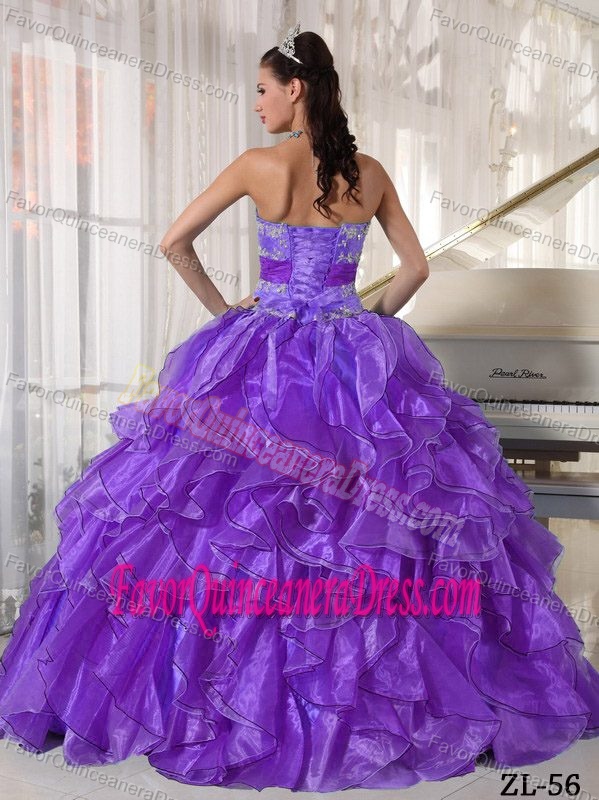 Sweetheart Ball Gown Purple Appliqued Organza Quinceanera Dress with Ruffles