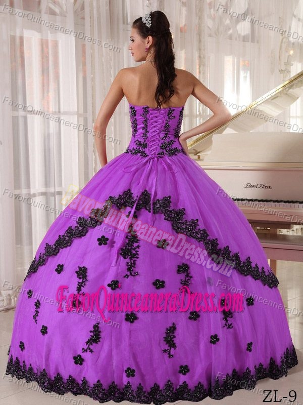 Strapless Floor-length Ball Gown Purple Organza Dress for Quince with Appliques