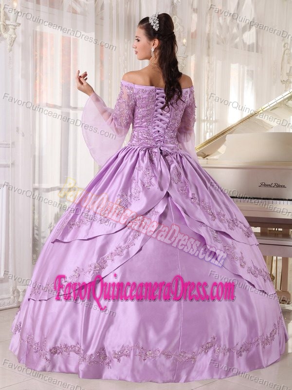 off-the-shoulder Long Sleeves Ball Gown Appliqued Lavender Dresses for Quince