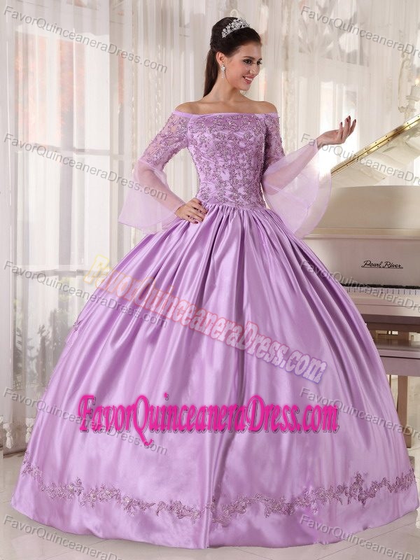 off-the-shoulder Long Sleeves Ball Gown Appliqued Lavender Dresses for Quince