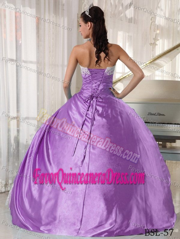 Strapless Ball Gown Lavender Taffeta and Lace Quinceanera Dresses with Flowers