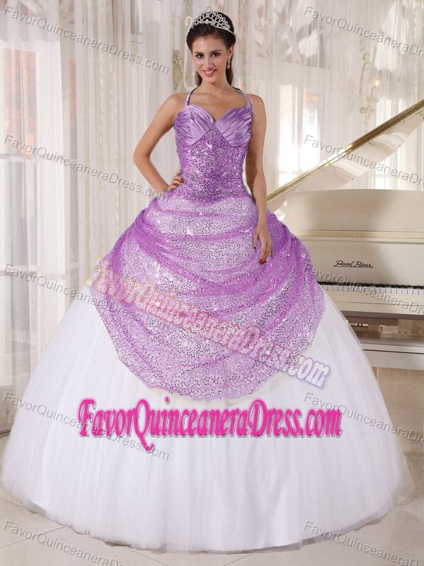 Pretty Halter Ball Gown Lavender Sequin and White Tulle Ruched Dress for Quince