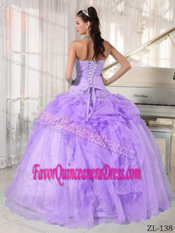 Strapless Lavender Ball Gown Beaded Organza Quinceanera Dresses with Ruffles