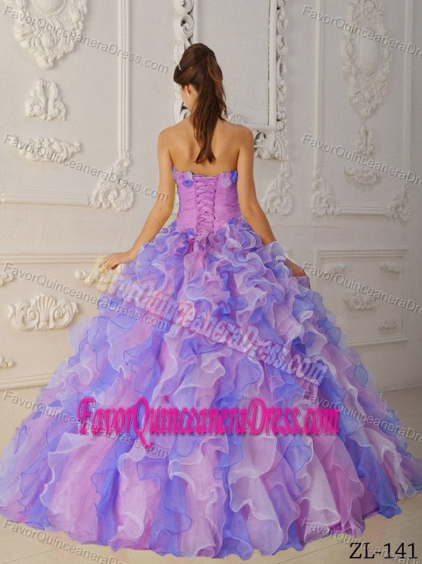 Great Multi-colored Floor-length Ruffled Organza Dress for Quince with Flowers