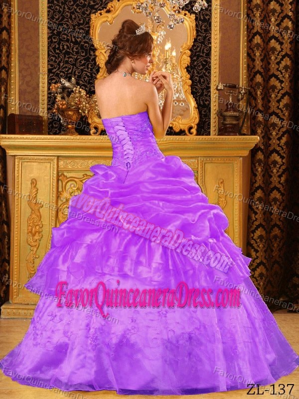 Purple Floor-length Appliqued Dresses for Quince with Pick-ups and Flowers