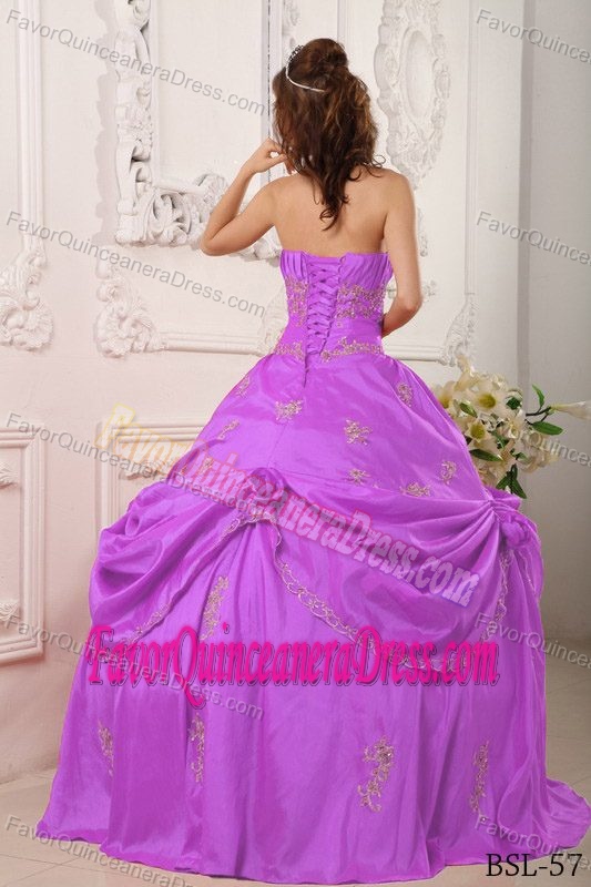 Lavender Strapless Appliqued Quinceanera Dresses with Pick-ups and Flowers