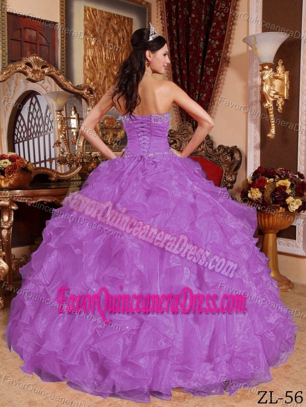 Charming Sweetheart Neck Beaded Ruffled Lavender Quince Dress in Organza