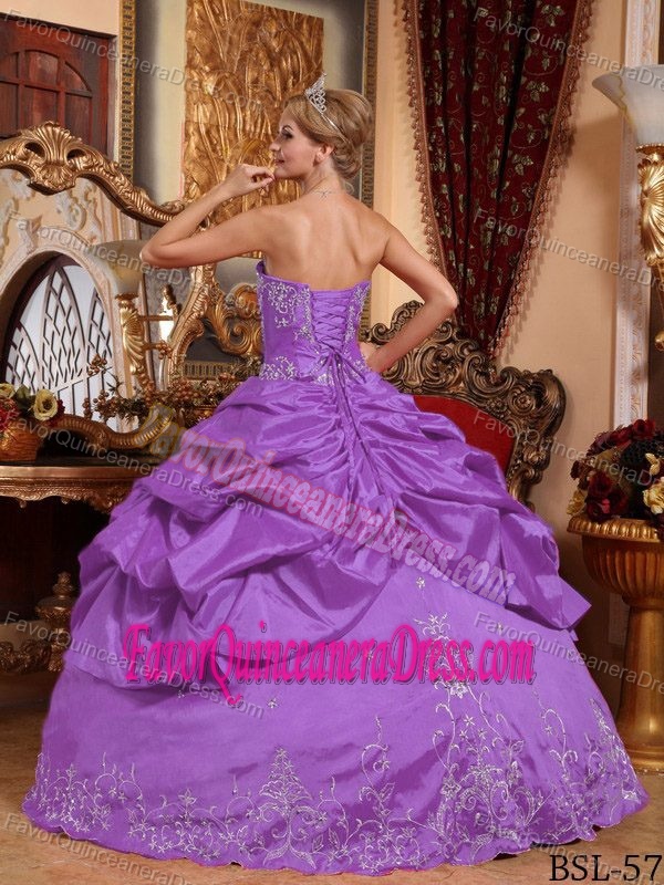 New Taffeta Purple Quinces Dress with Embroidery and Pick-ups Patterns