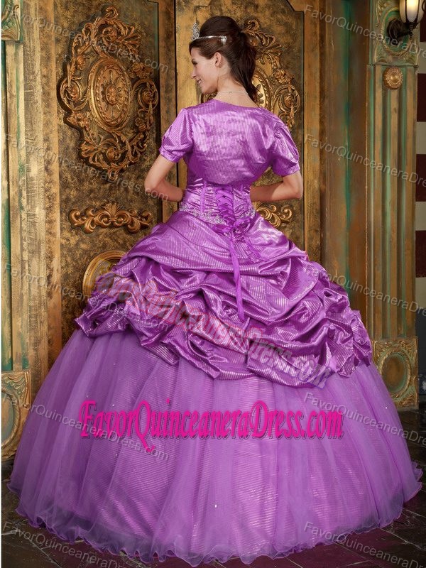 Exclusive Beaded Lavender Taffeta Organza Quince Dress with Corset Back