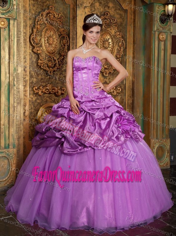 Exclusive Beaded Lavender Taffeta Organza Quince Dress with Corset Back