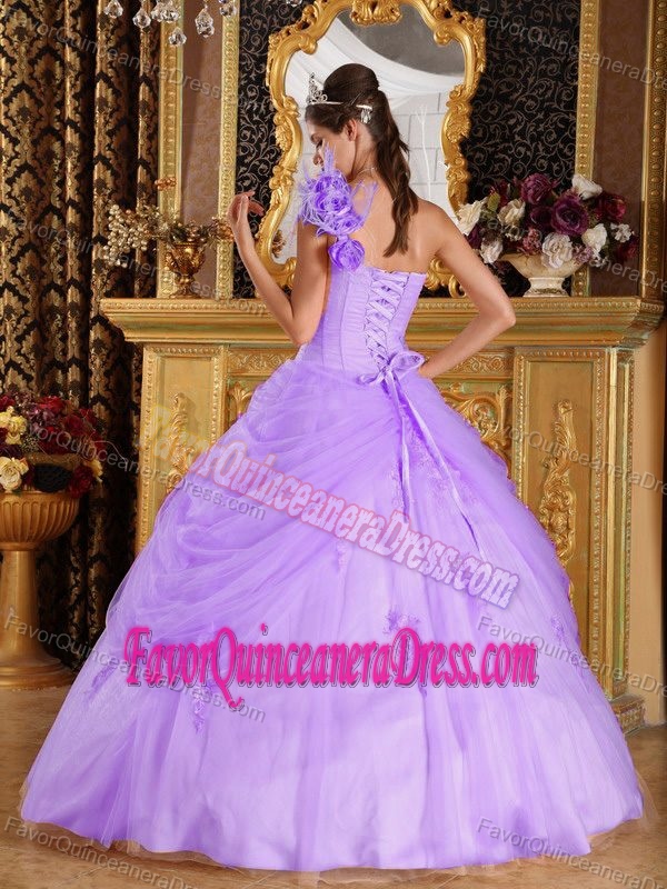 Top Tulle Taffeta Appliqued Lavender Quince Dress with Flowers One Shoulder