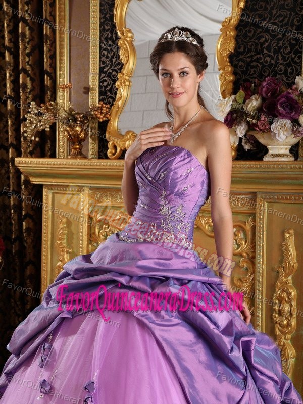 Cheap Beaded Lavender Taffeta Tulle Quince Dress with Flowers Under 200