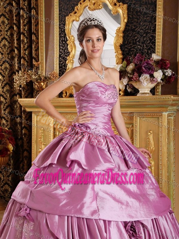 Pretty Taffeta Pink formal Quinceanera Dresses with Appliques and Flowers