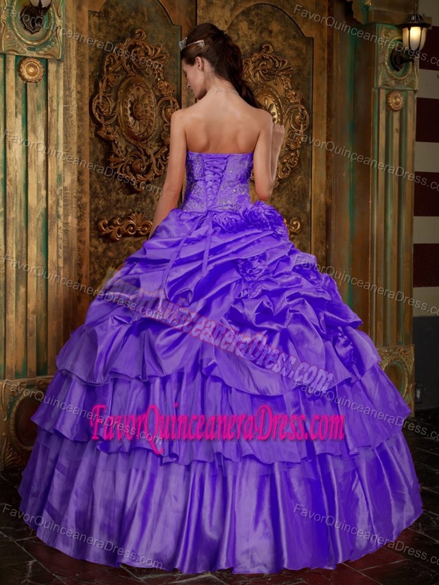 Stylish Purple Taffeta Quinceaneras Dress with Flowers and Beads on Sale