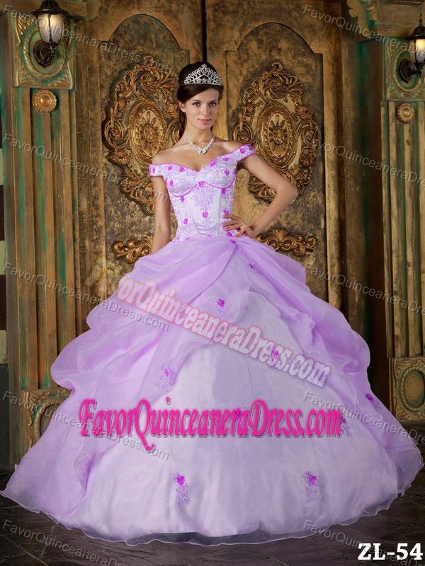 Top Off-the-shoulder Appliqued Lavender Quince Dress in Organza Taffeta