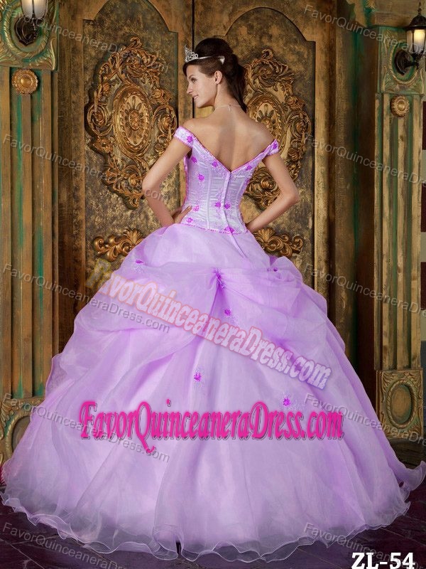 Top Off-the-shoulder Appliqued Lavender Quince Dress in Organza Taffeta