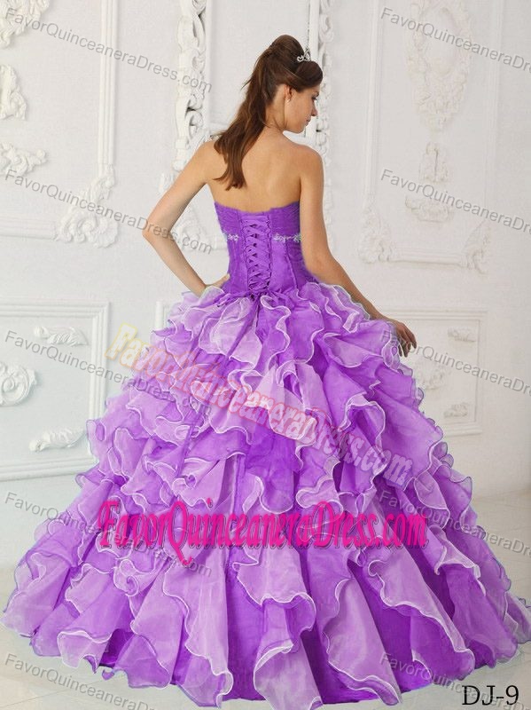 Gorgeous Sweetheart Ruffled Purple Organza Quinceanera Gown for Sale