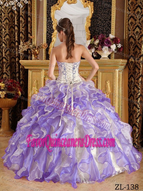Good Quality Sweetheart Ruffled Lilac and White Sweet 16 Dress in Organza