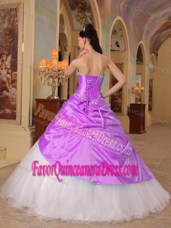 Top Tulle Taffeta A-line White and Magenta Quince Dress with Beads Flowers