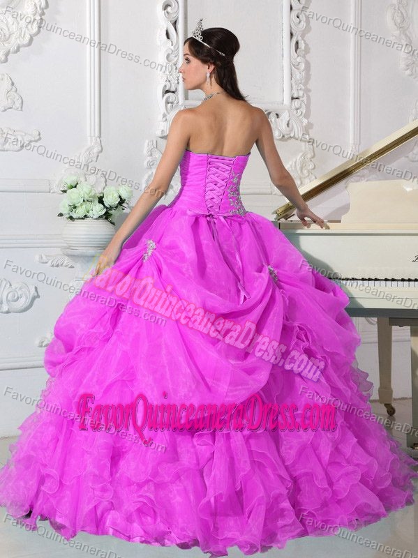Fashionable Organza Ruffled Appliqued Quinceanera Gown Dress in Magenta
