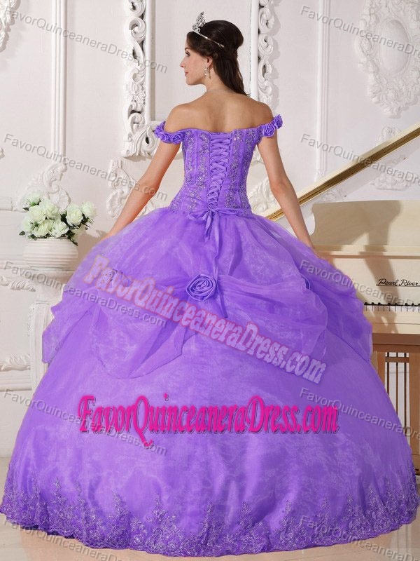 Unique Off-the-shoulder Light Purple Organza Quince Gown with Embroidery